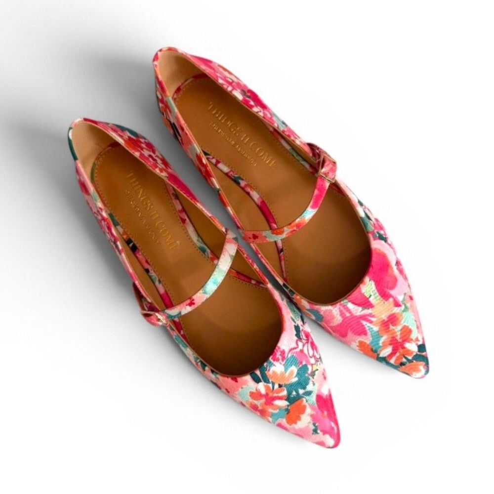THINGS II COME Kyra Slip-on Mary Jane Pointed Toe Satin Floral Flats, NEW Size 9